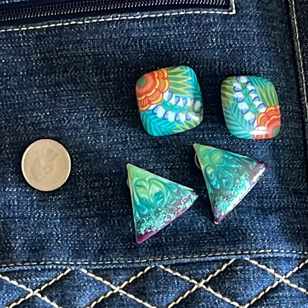 Turquoise and green vintage triangle and square pierced and clip on earrings